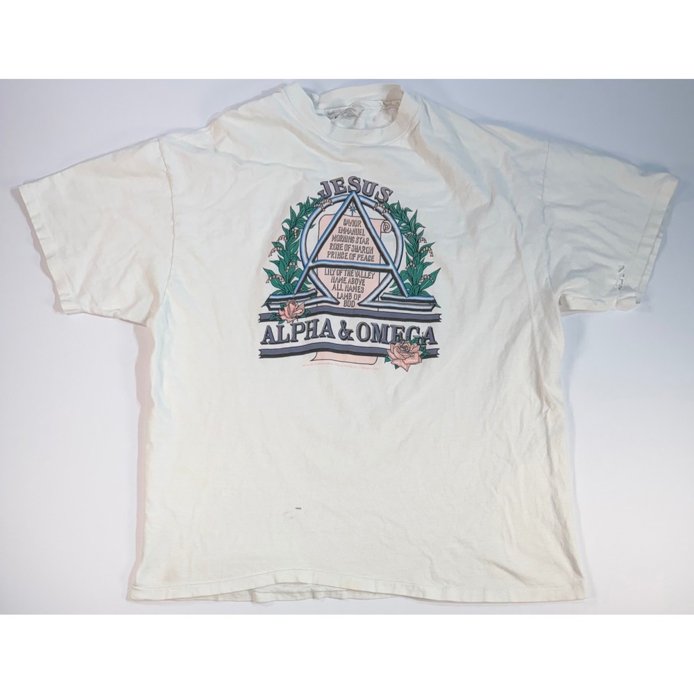 Vintage Hanes Beefy-T Jesus Alpha Omega Shirt XL White Christian Graphic 90s USA